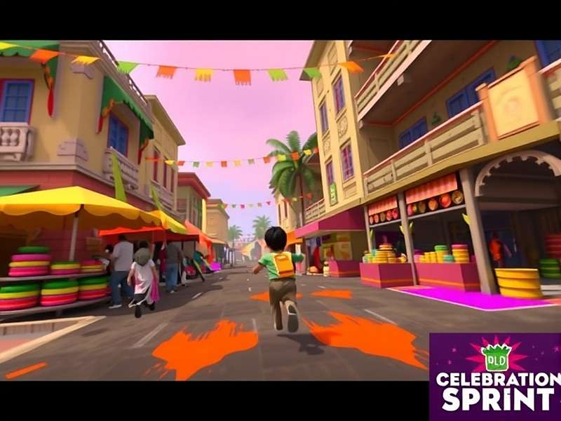 Holi Celebration Sprint gameplay screenshot showing a character running through a market street during Holi