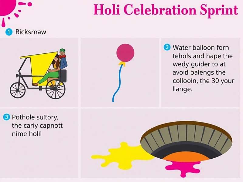 Holi Celebration Sprint obstacle guide showing rickshaw, water balloon, and pothole with tips on how to avoid them