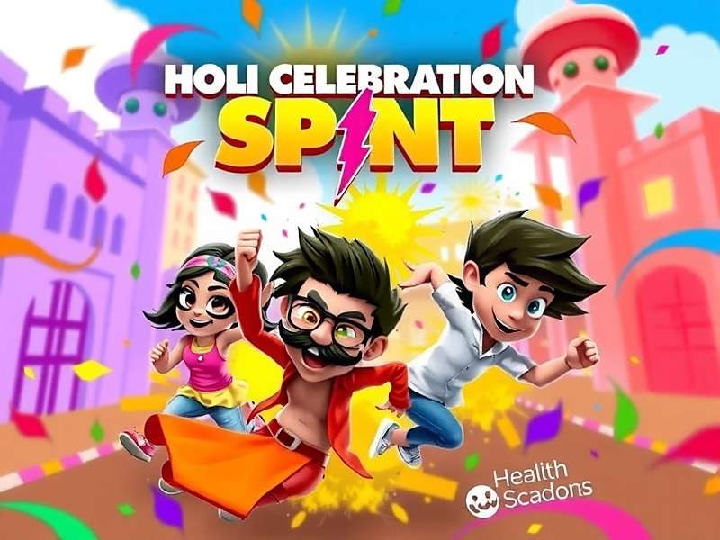 Holi Celebration Sprint Game Cover showing colorful characters running through a Holi festival scene